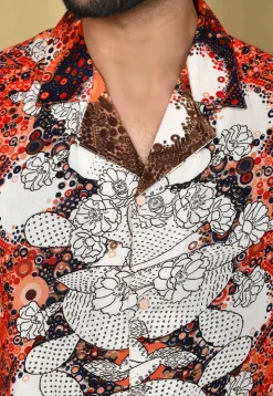 Digital Printed Rayon Shirt in Orange and White