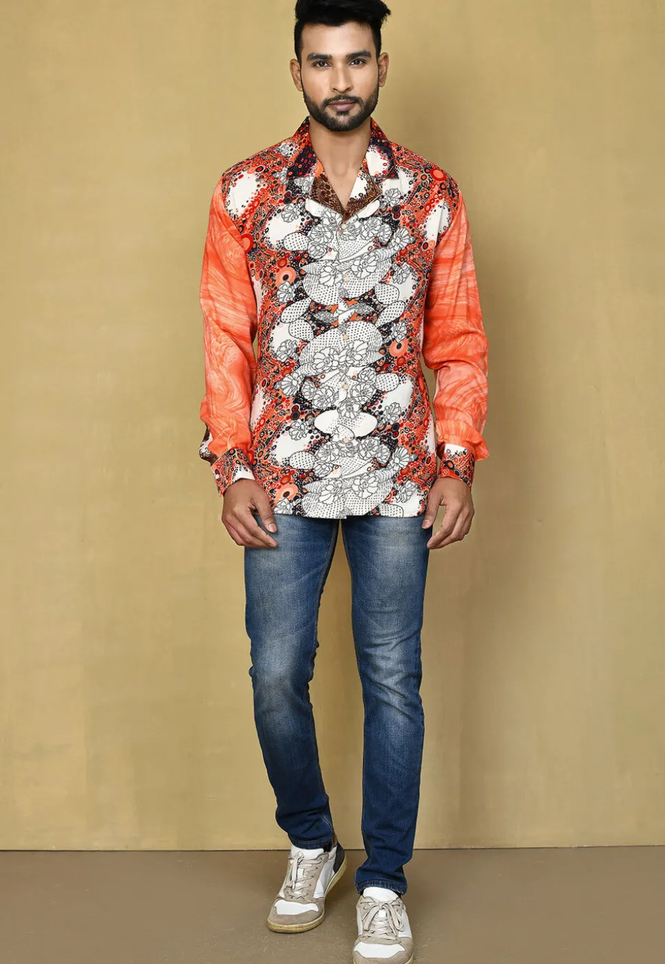 Digital Printed Rayon Shirt in Orange and White