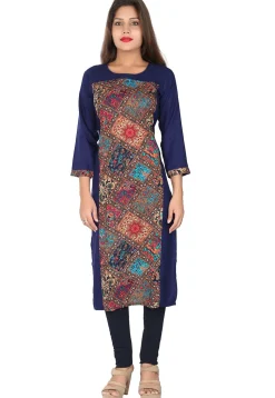 Digital Printed Rayon Straight Kurta in Blue and Multicolor