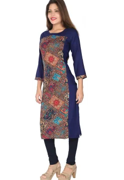 Digital Printed Rayon Straight Kurta in Blue and Multicolor