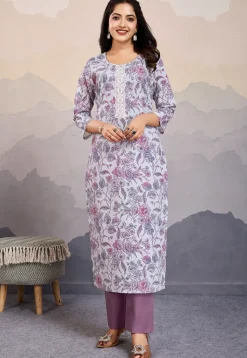 Digital Printed Rayon Straight Kurta Set in Light Purple