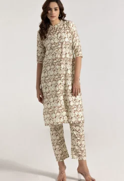 Digital Printed Rayon Straight Kurta Set in Brown