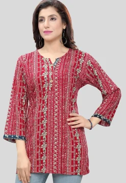 Digital Printed Rayon Straight Kurti in Red