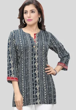 Digital Printed Rayon Straight Kurti in Navy Blue