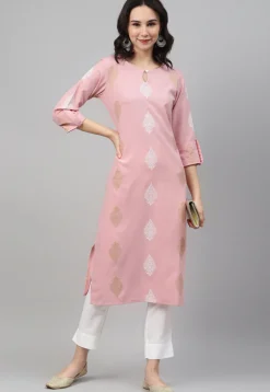 Digital Printed Rayon Straight Kurta in Pink
