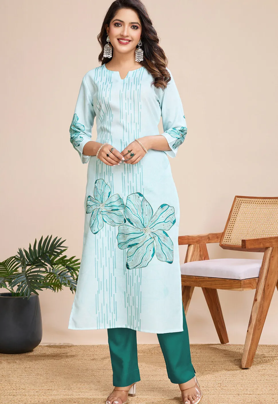 Digital Printed Rayon Straight Kurta Set in Sky Blue
