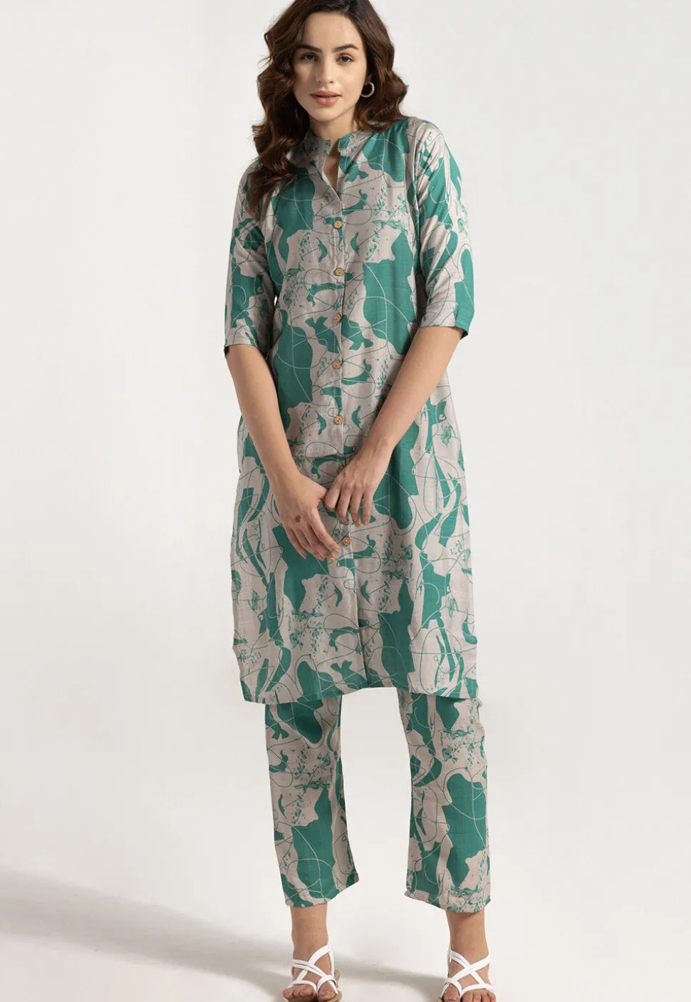 Digital Printed Rayon Straight Kurta Set in Green