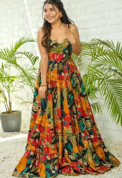 Digital Printed Rayon Tiered Gown in Multicolor