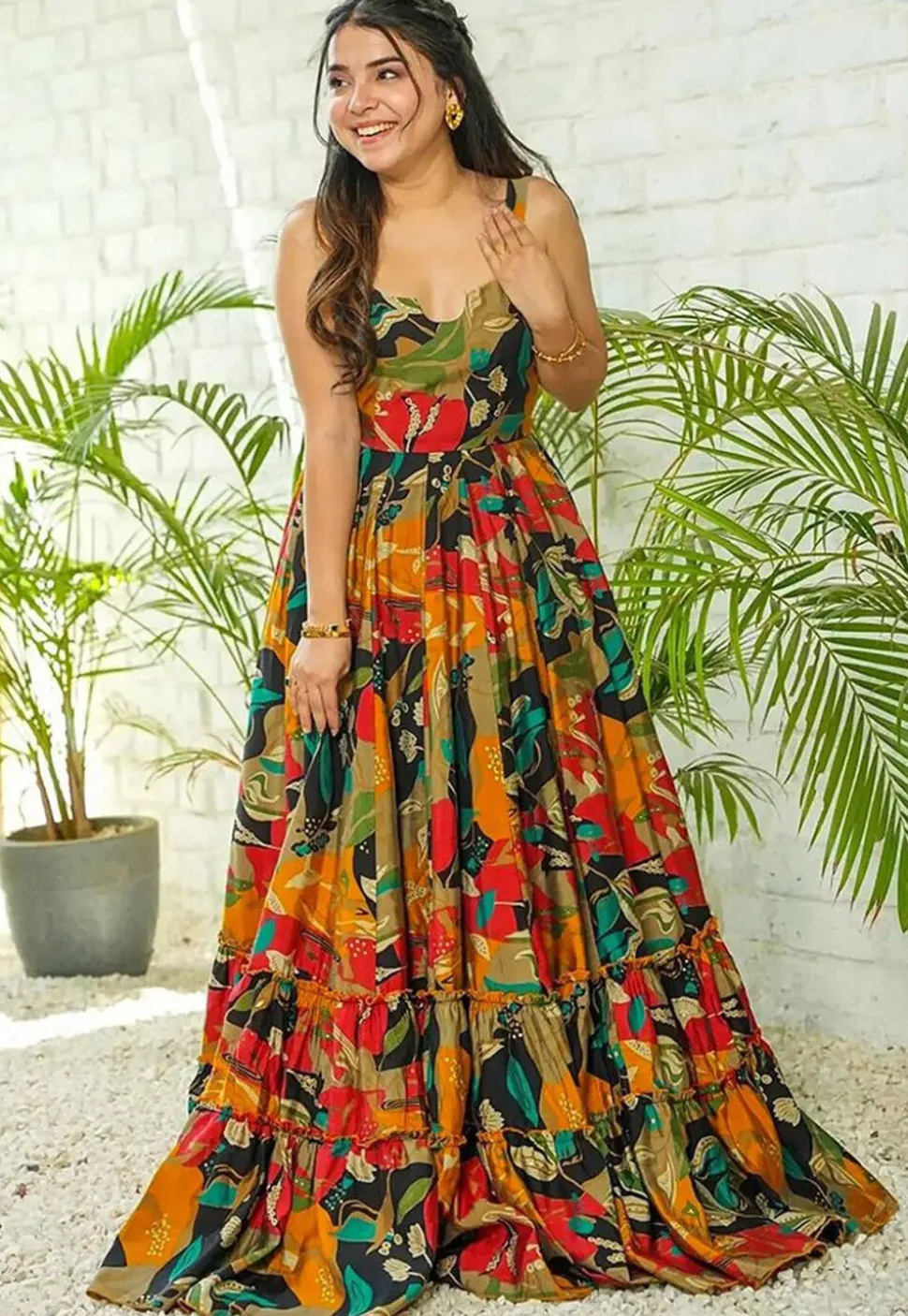 Digital Printed Rayon Tiered Gown in Multicolor