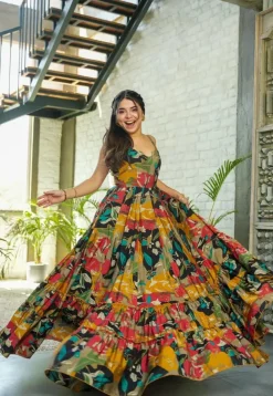 Digital Printed Rayon Tiered Gown in Multicolor