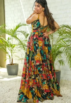 Digital Printed Rayon Tiered Gown in Multicolor