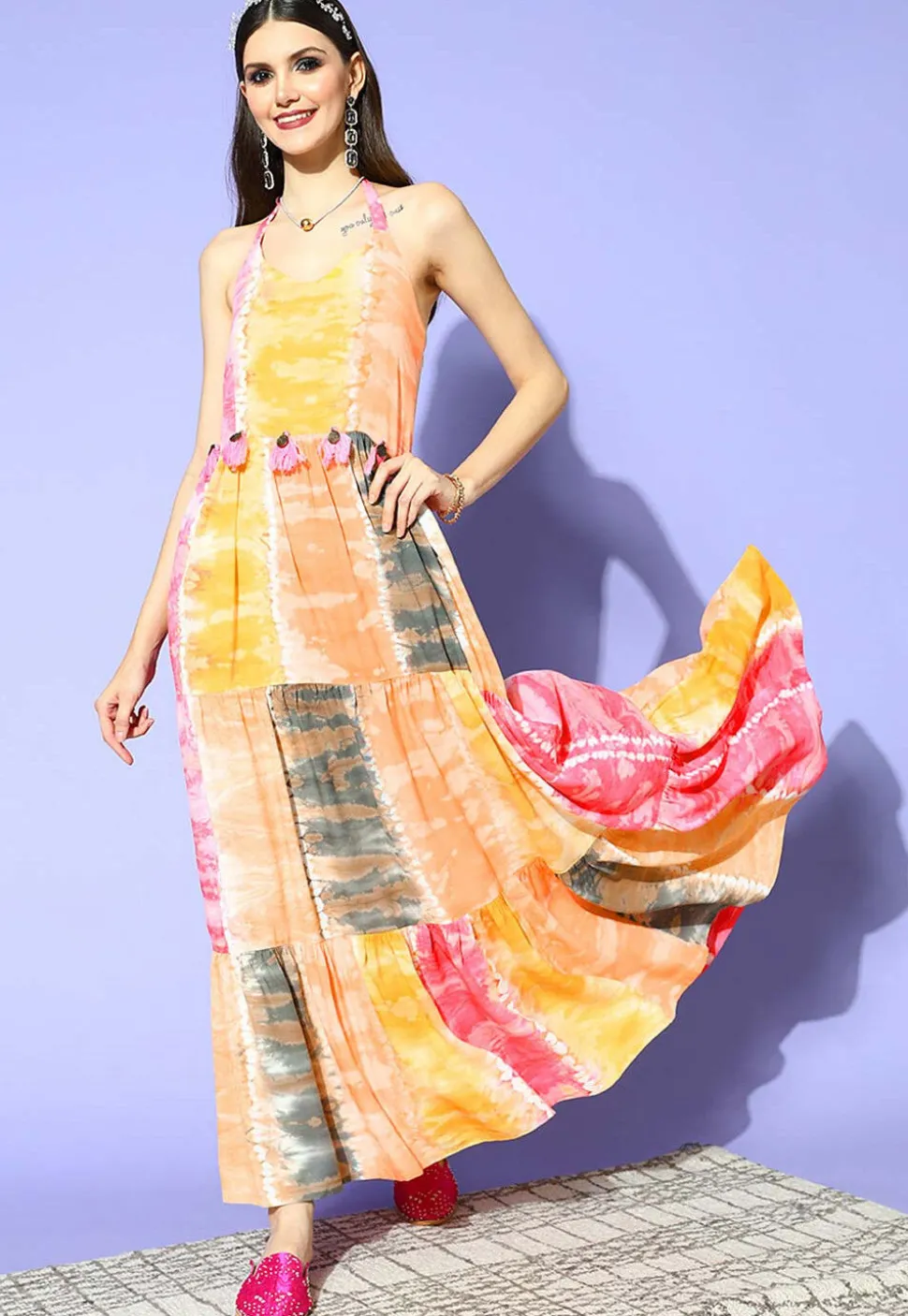Digital Printed Rayon Tiered Dress in Multicolor
