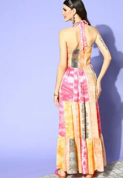 Digital Printed Rayon Tiered Dress in Multicolor