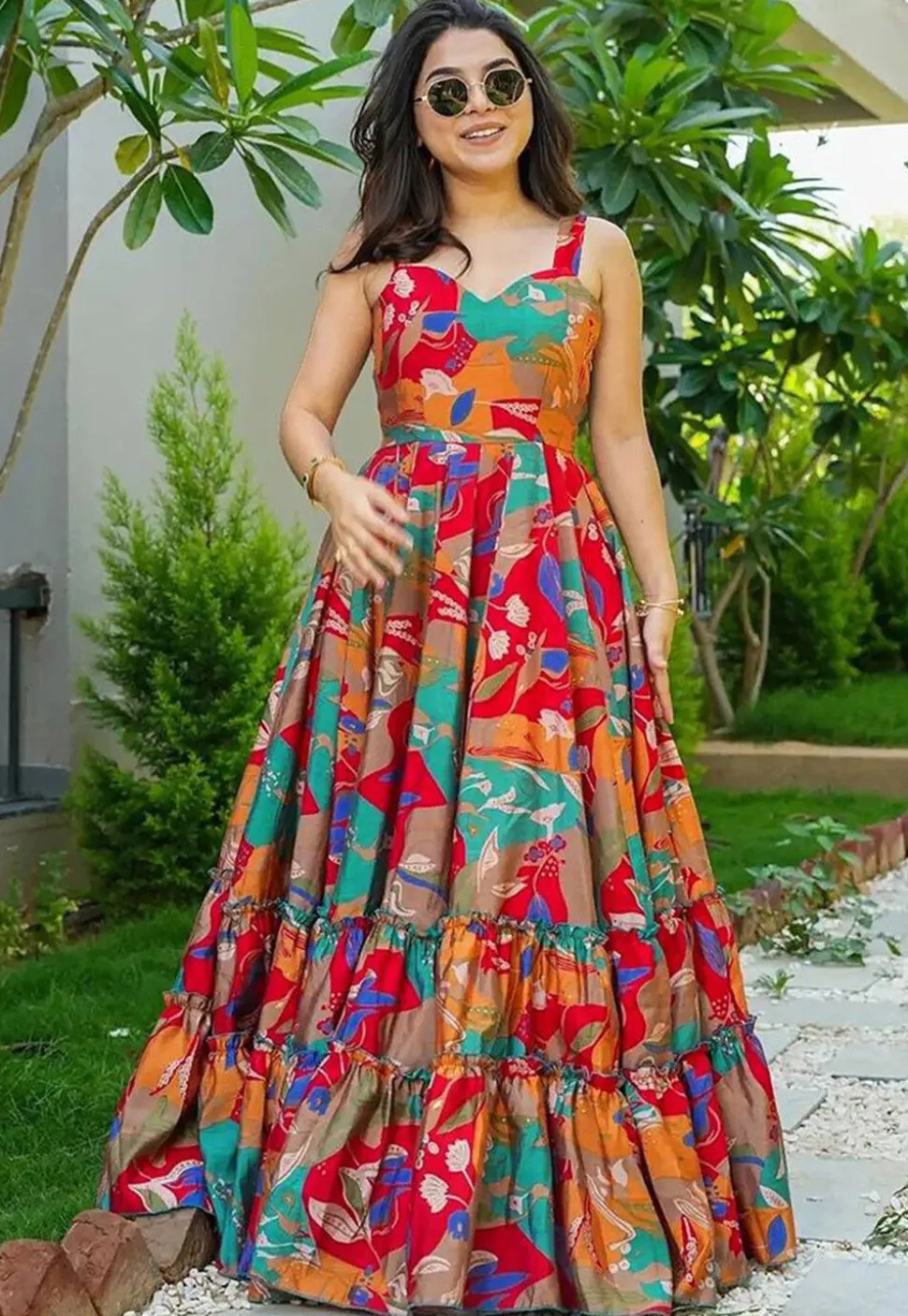 Digital Printed Rayon Tiered Gown in Multicolor