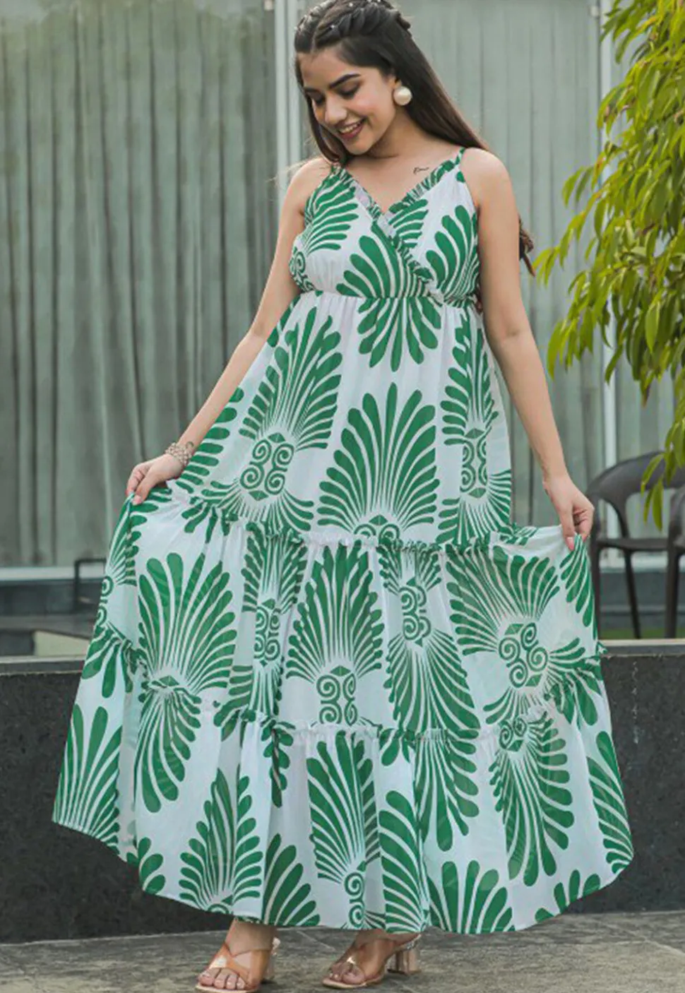 Digital Printed Rayon Tiered Gown in Off White
