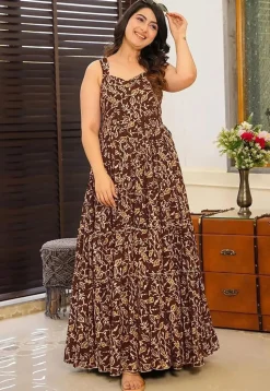 Digital Printed Rayon Tiered Gown in Brown