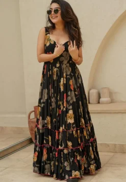 Digital Printed Rayon Tiered Gown in Black
