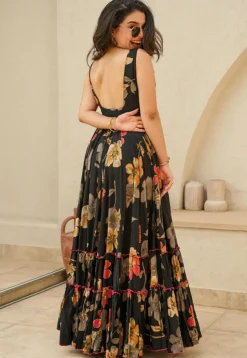 Digital Printed Rayon Tiered Gown in Black