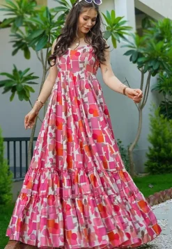 Digital Printed Rayon Tiered Gown in Pink