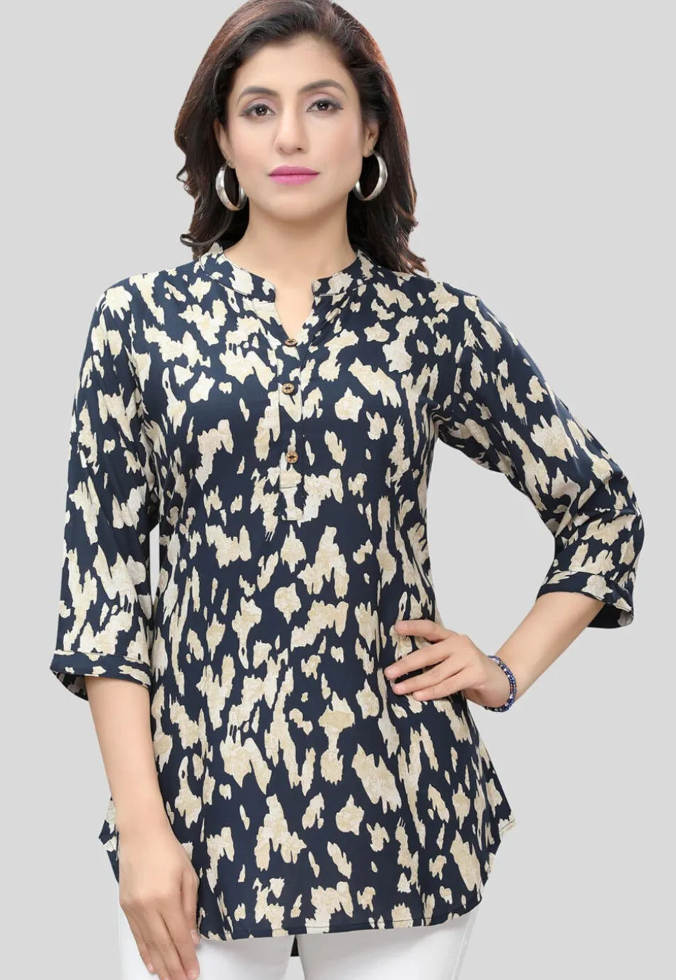 Digital Printed Rayon Tunic in Navy Blue