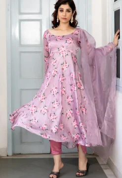 Digital Printed Satin A Line Suit in Light Purple