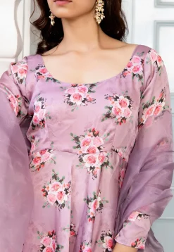 Digital Printed Satin A Line Suit in Light Purple