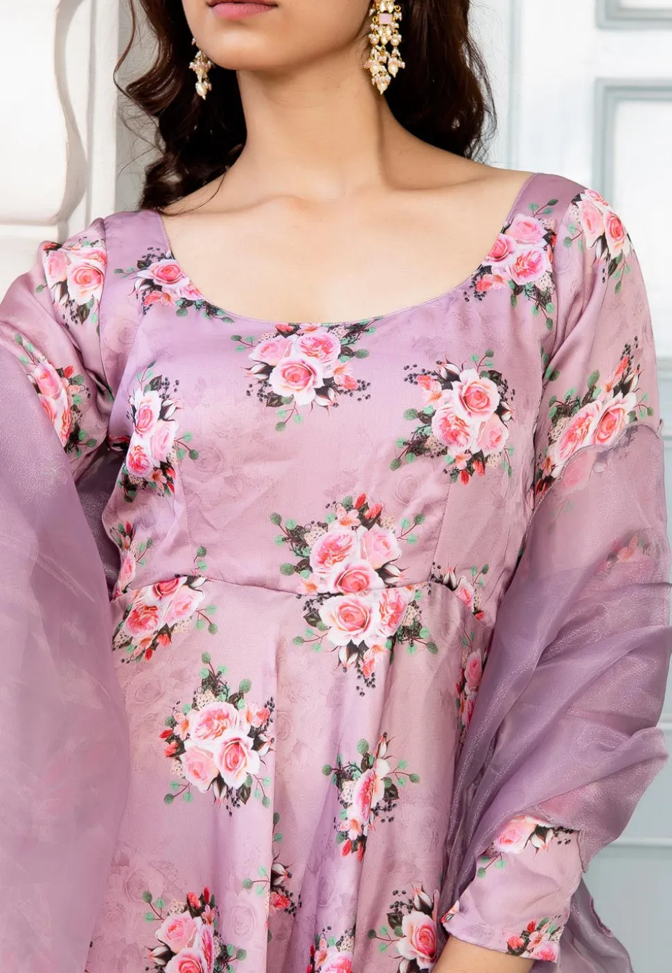Digital Printed Satin A Line Suit in Light Purple