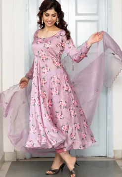 Digital Printed Satin A Line Suit in Light Purple