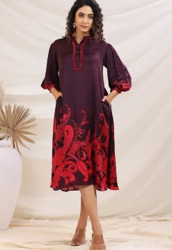 Digital Printed Satin A Line Dress in Violet
