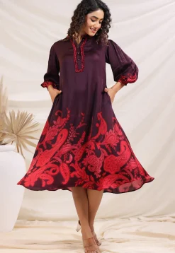 Digital Printed Satin A Line Dress in Violet