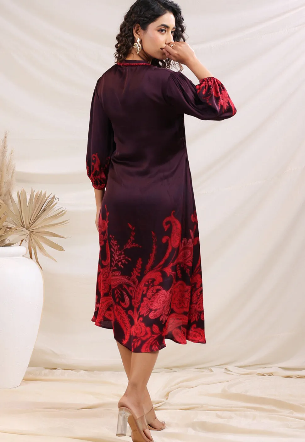 Digital Printed Satin A Line Dress in Violet