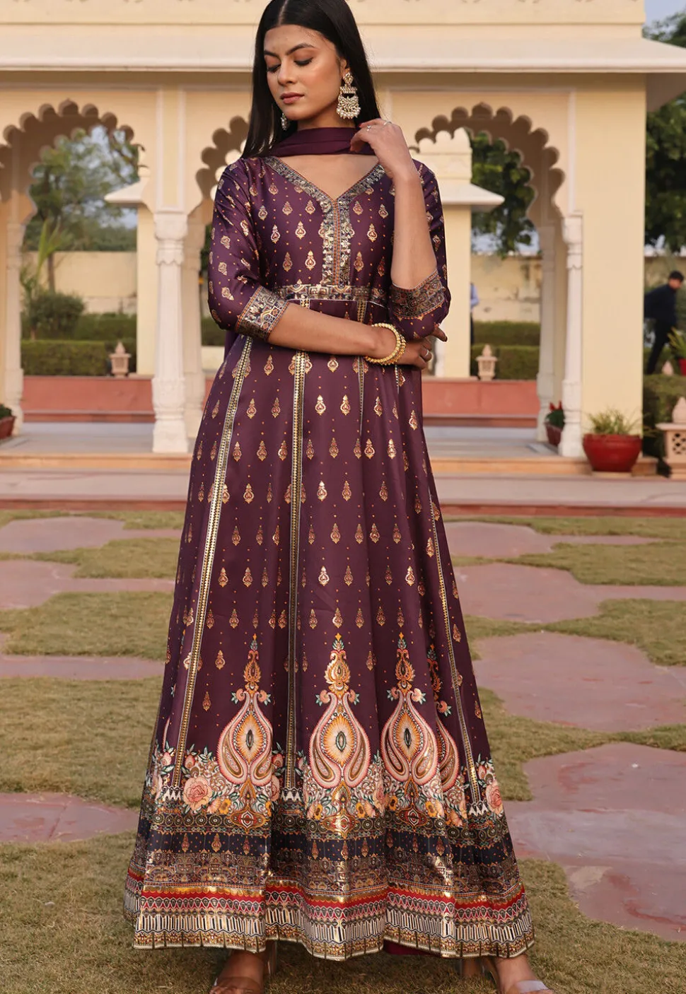 Digital Printed Satin Abaya Style Suit in Purple