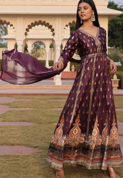 Digital Printed Satin Abaya Style Suit in Purple