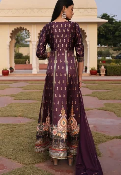 Digital Printed Satin Abaya Style Suit in Purple