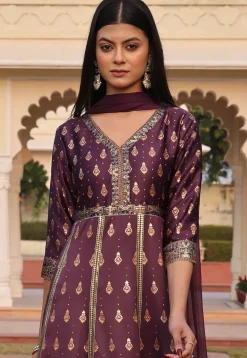 Digital Printed Satin Abaya Style Suit in Purple