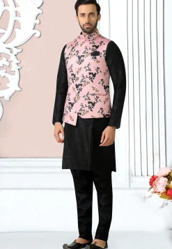 Digital Printed Satin Asymmetric Nehru Jacket in Pink