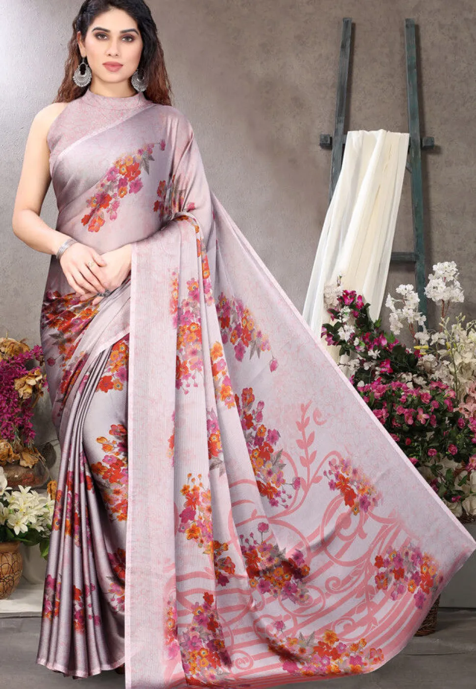 Digital Printed Satin Chiffon Saree in Light Purple