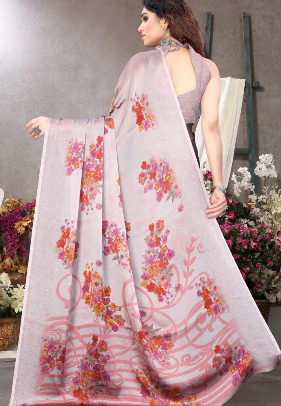 Digital Printed Satin Chiffon Saree in Light Purple