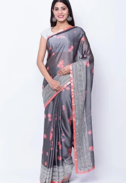 Digital Printed Satin Chiffon Saree in Grey