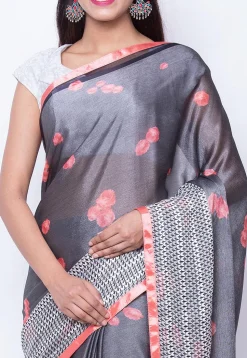 Digital Printed Satin Chiffon Saree in Grey