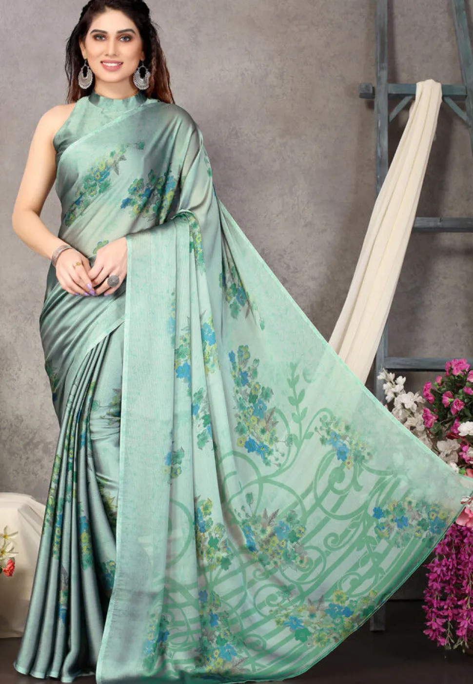 Digital Printed Satin Chiffon Saree in Sea Green