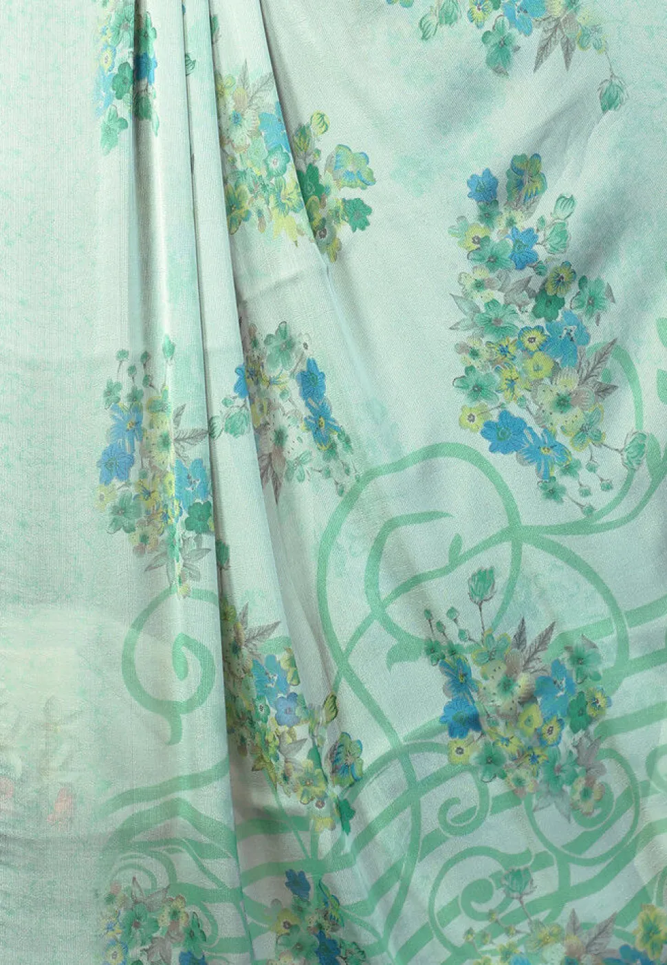 Digital Printed Satin Chiffon Saree in Sea Green