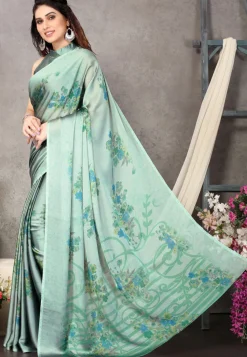 Digital Printed Satin Chiffon Saree in Sea Green