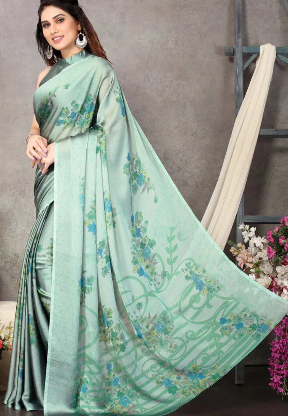 Digital Printed Satin Chiffon Saree in Sea Green