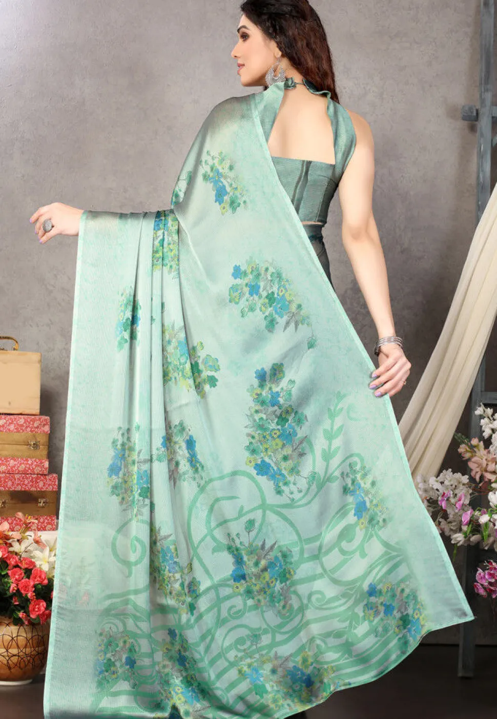 Digital Printed Satin Chiffon Saree in Sea Green
