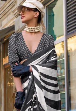 Digital Printed Satin Crepe Saree in Off White and Black