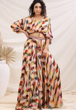 Digital Printed Satin Crop Top Set in Multicolor