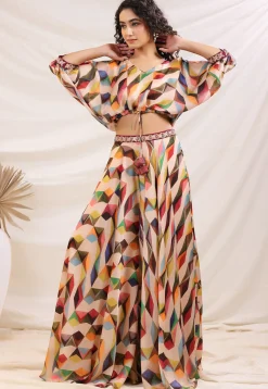 Digital Printed Satin Crop Top Set in Multicolor