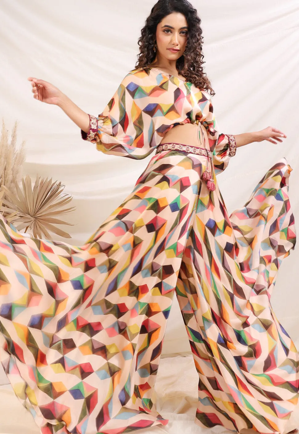 Digital Printed Satin Crop Top Set in Multicolor
