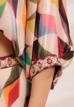 Digital Printed Satin Crop Top Set in Multicolor